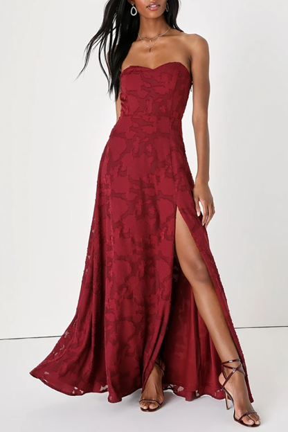 Sweetheart Neckline Strapless Slit Jacquard A-Line Gowns Maxi Dresses-Pink-Hayhty.All Rights Reserved.