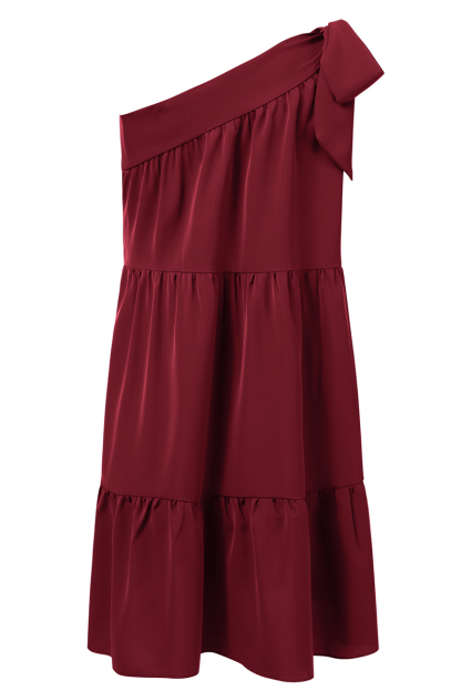 One Shoulder Sleeveless Bow Pleated Tiered Hem Vacation Mini Dress-Hayhty.All Rights Reserved.