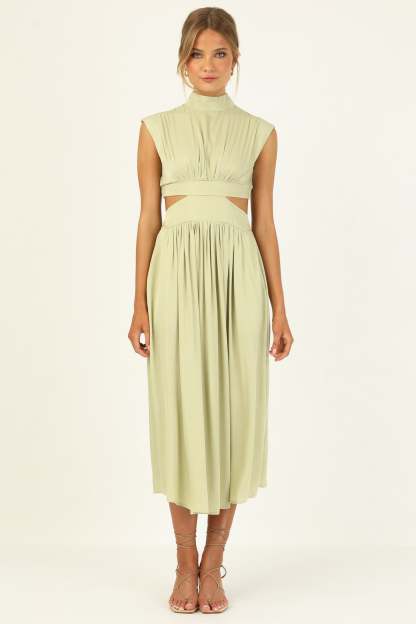 Stand Collar Sleeveless Open Waist Dress Maxi Dresses-Hayhty.All Rights Reserved.