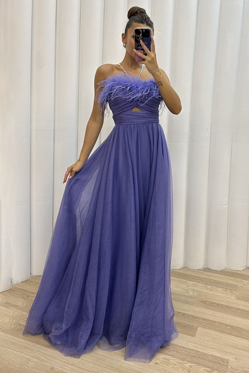 Feather Strapless Cut Out Evening Gown Tulle Maxi Dresses-Hayhty.All Rights Reserved.