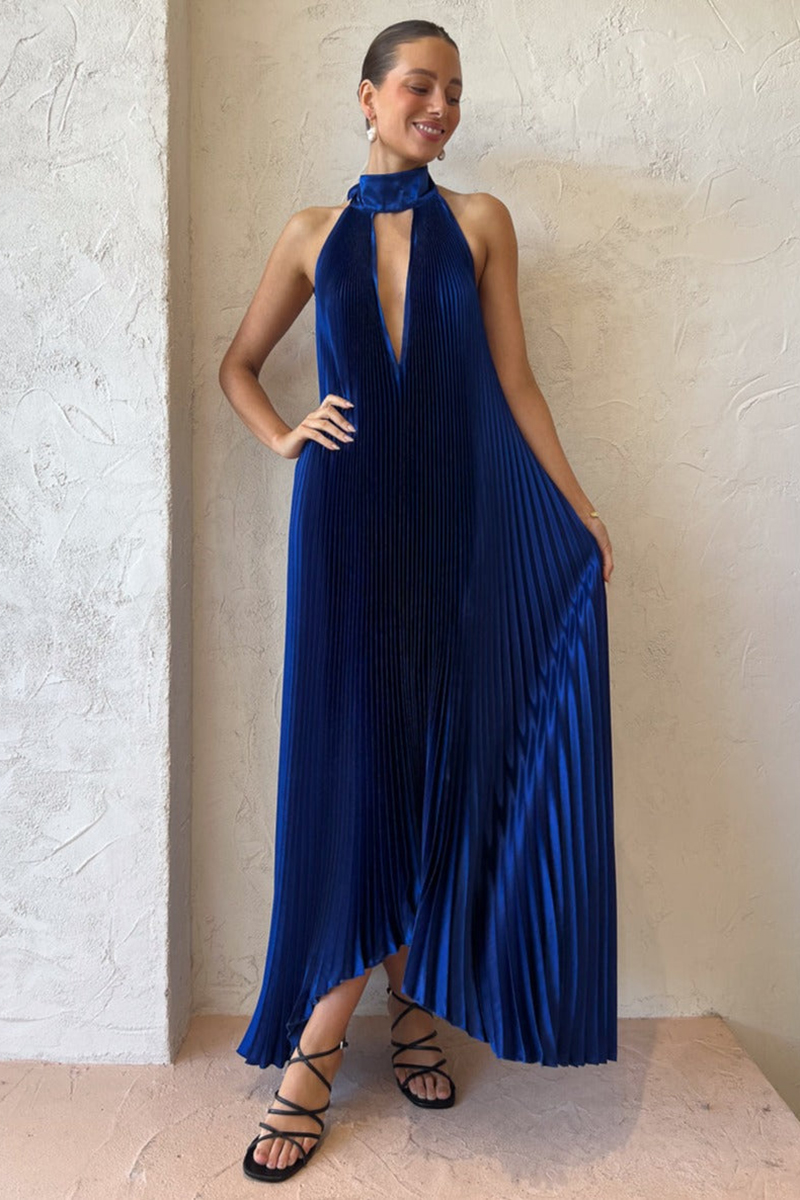 Halter Tied Up Cutout Neck Pleated Backless Asymmetric Hem Wedding Guest Maxi Dresses-Hayhty.All Rights Reserved.