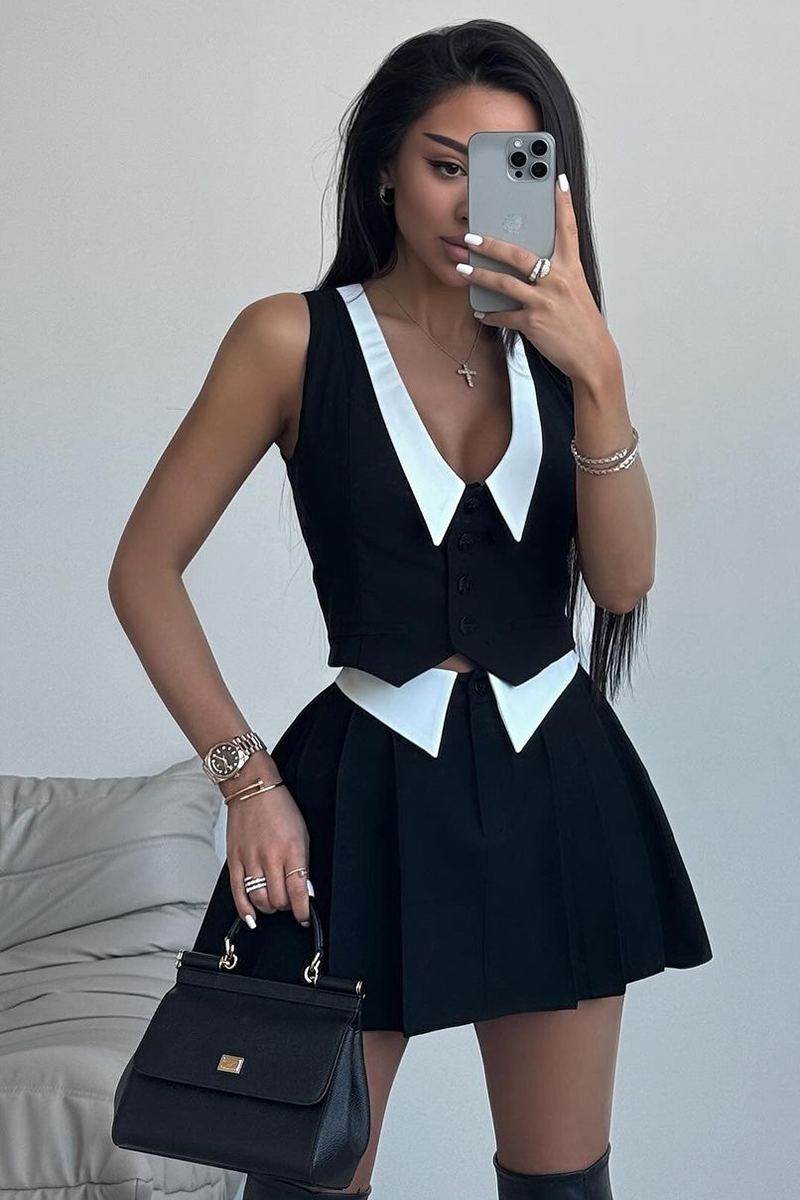 V Neck Waistcoat Colorblock Mini Skirt Matching Set-Black-Hayhty.All Rights Reserved.