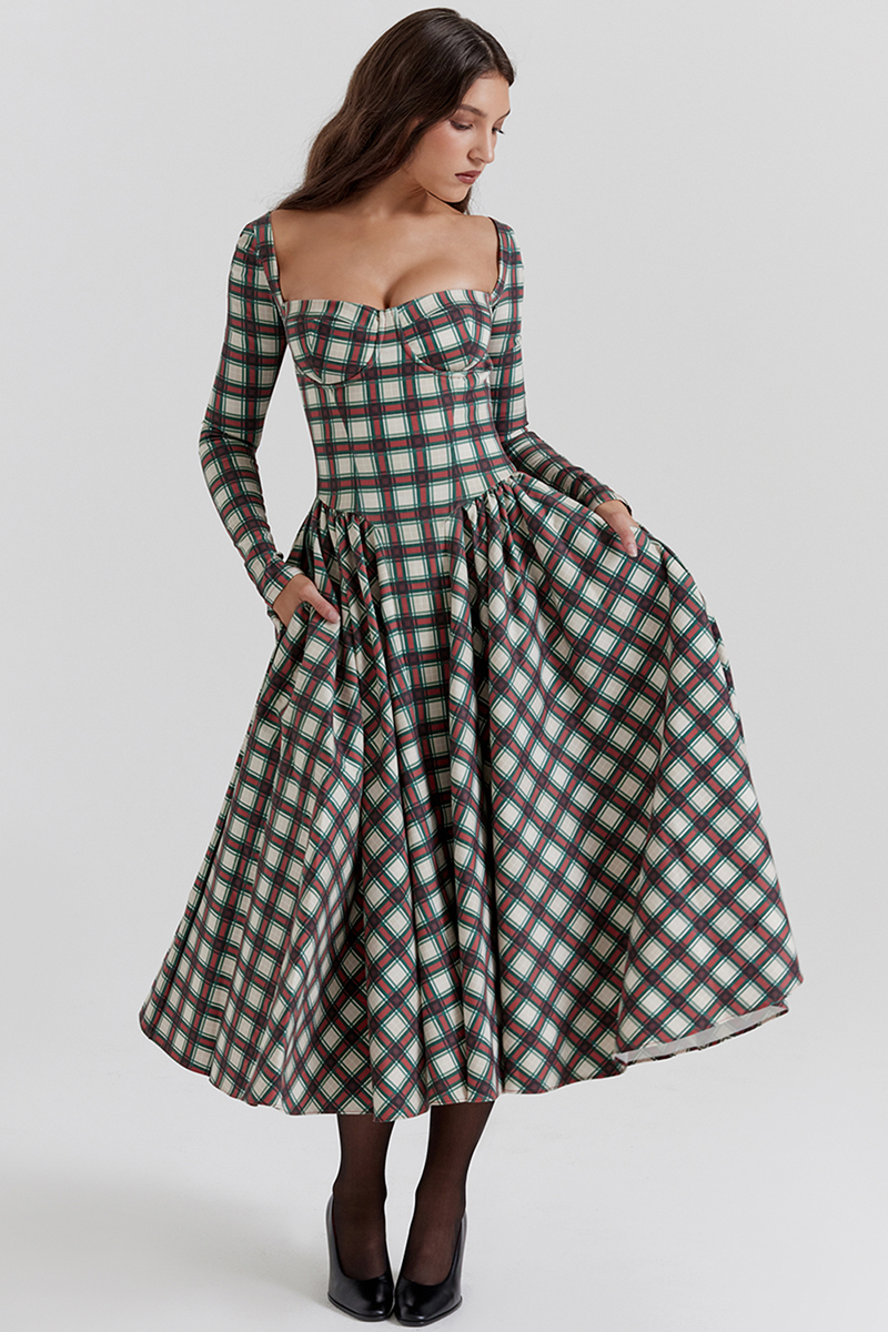 Plaid Pattern Long Sleeve Corset A-Line Pleated Midi Dresses-Red-Hayhty.All Rights Reserved.