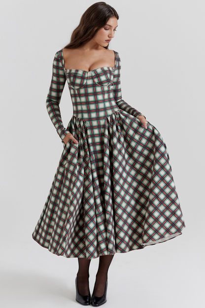 Plaid Pattern Long Sleeve Corset A-Line Pleated Midi Dresses-Red-Hayhty.All Rights Reserved.