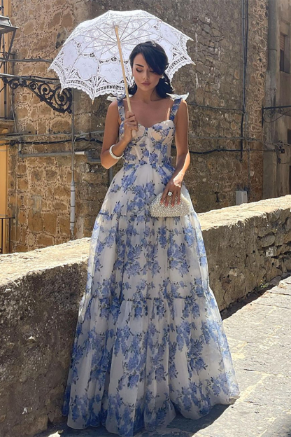 Floral Print Tie Up Cami Cinch Waist Tulle Elegant Gowns Maxi Dresses-Blue-Hayhty.All Rights Reserved.