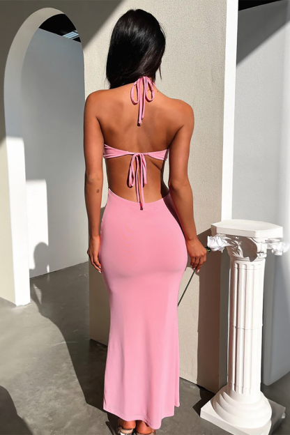 Ruffled Bodycon Open Back Halter Maxi Dresses-White-Hayhty.All Rights Reserved.