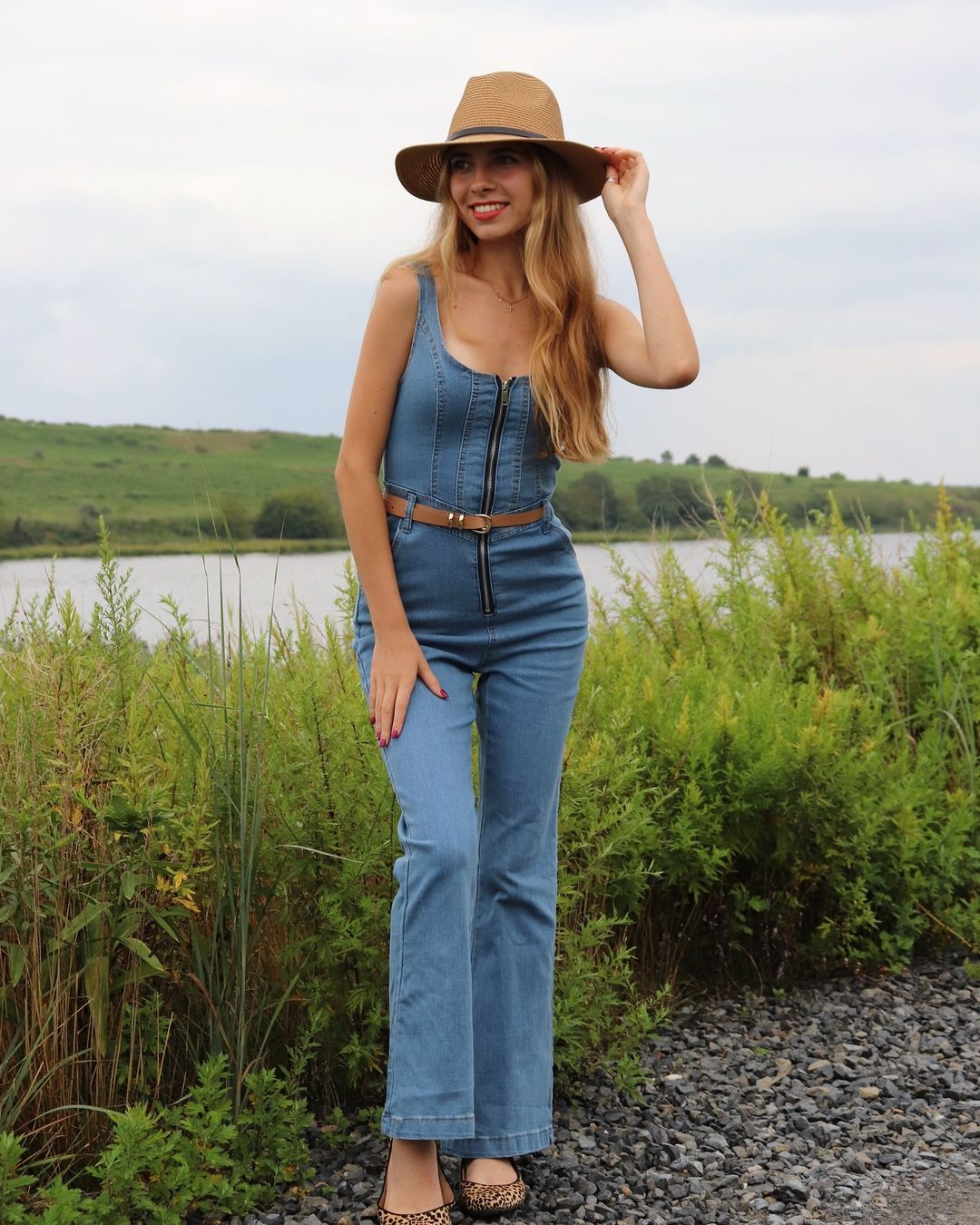 Square Neck Corset Front Zip Flared Leg Denim Strappy Jumpsuit-Blue-Hayhty.All Rights Reserved.