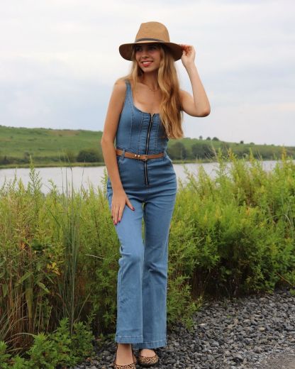Square Neck Corset Front Zip Flared Leg Denim Strappy Jumpsuit-Blue-Hayhty.All Rights Reserved.