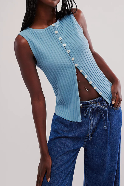 Pleated Solid Color Knit Button Up Tank Top-Yellow-Hayhty.All Rights Reserved.