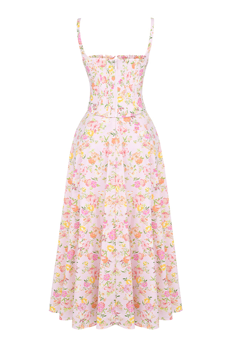 Floral Print Cami Corset A-Line Midi Dresses-Pink-Hayhty.All Rights Reserved.