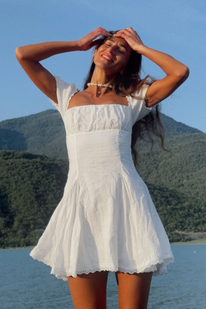 Square Neck Puff Sleeve Striped Godets Mini Dresses-White-Hayhty.All Rights Reserved.