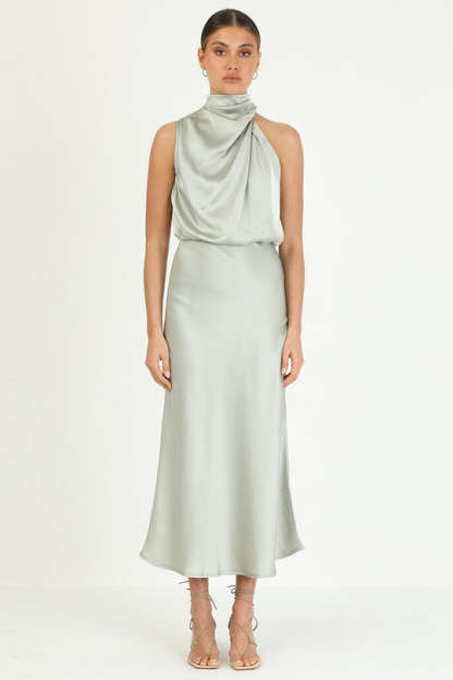Turtleneck Sleeveless Satin Midi Dresses-Hayhty.All Rights Reserved.