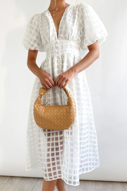 V Neck Lantern Short Sleeve Button Slit Mesh Plaid Vacation Midi Dress-Hayhty.All Rights Reserved.