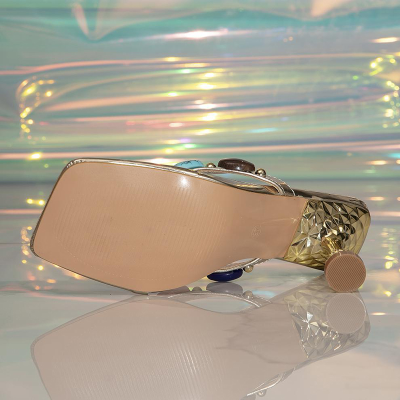 Colourful Gem Stones Square Toe Flip Flops Wine Glass Heels-Hayhty.All Rights Reserved.