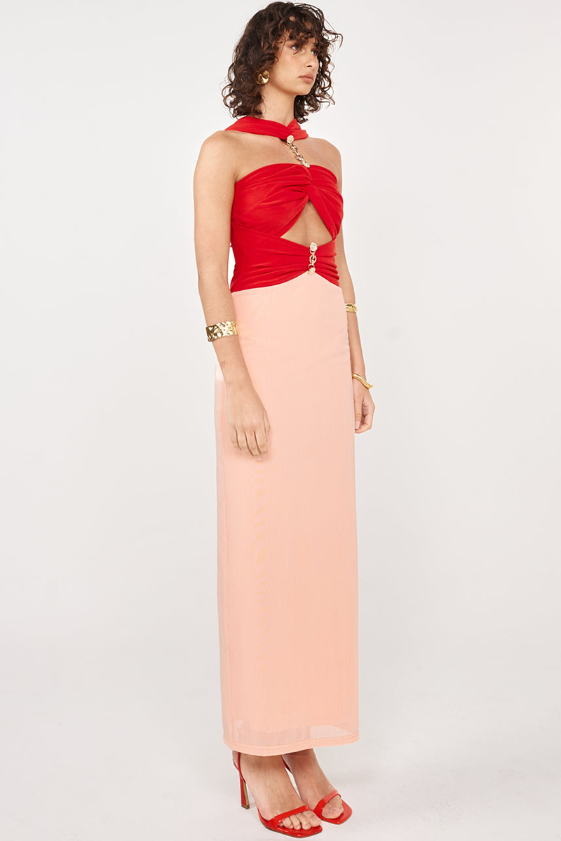 Colorblock Ruched Cutout Slim Fit Sleeveless Maxi Dresses-Red-Hayhty.All Rights Reserved.