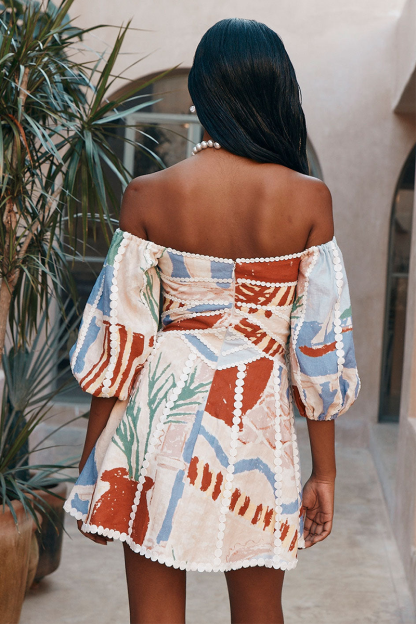 Painting Print Off Shoulder Puff Sleeve A-Line Mini Dresses-Beige-Hayhty.All Rights Reserved.