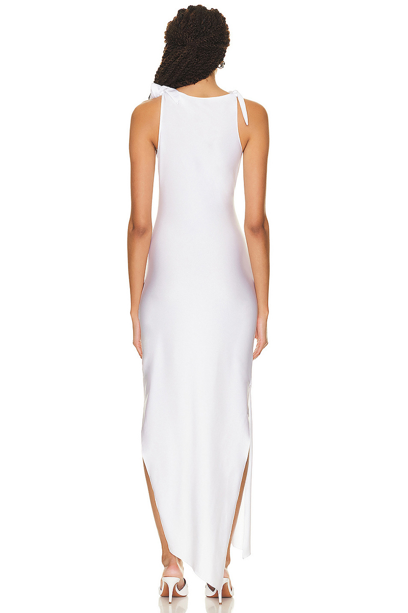 3D Flower Decor Asymmetric Neck Sleeveless Satin Formal Party High Slit Maxi Dresses-Hayhty.All Rights Reserved.