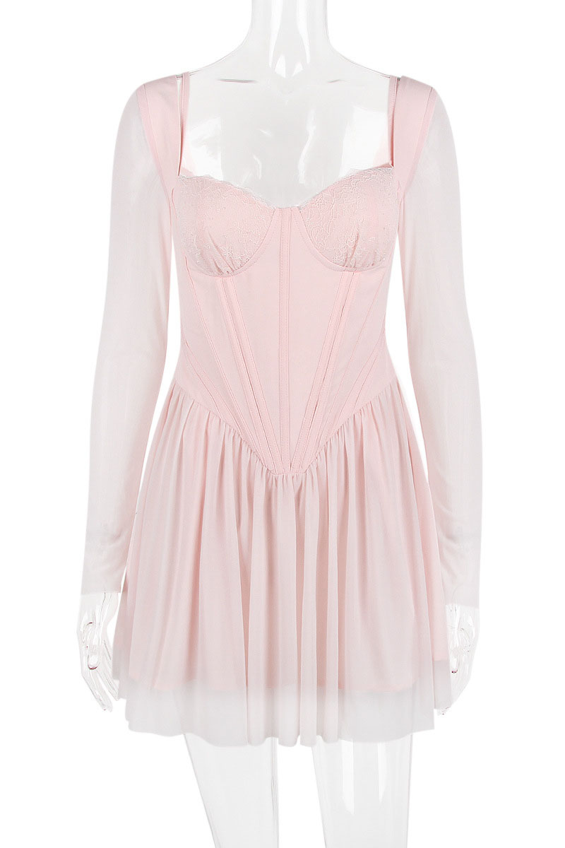 Mesh Long Sleeve Corset A-Line Pleated Ballet Style Mini Dresses-Hayhty.All Rights Reserved.