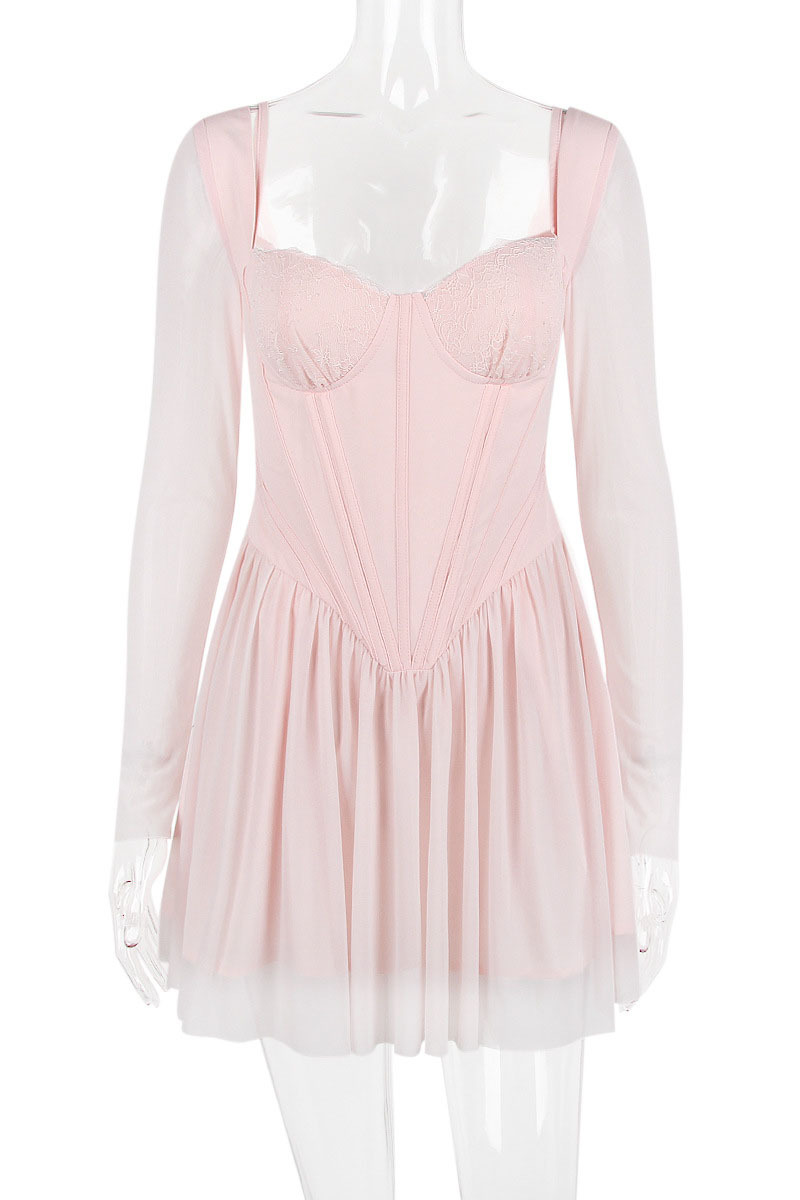 Mesh Long Sleeve Corset A-Line Pleated Ballet Style Mini Dresses-Hayhty.All Rights Reserved.