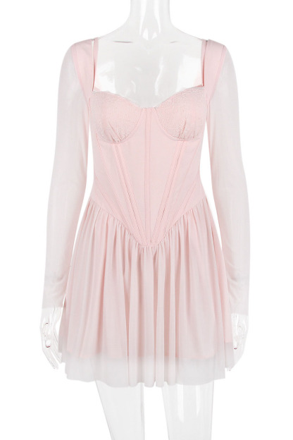 Mesh Long Sleeve Corset A-Line Pleated Ballet Style Mini Dresses-Hayhty.All Rights Reserved.