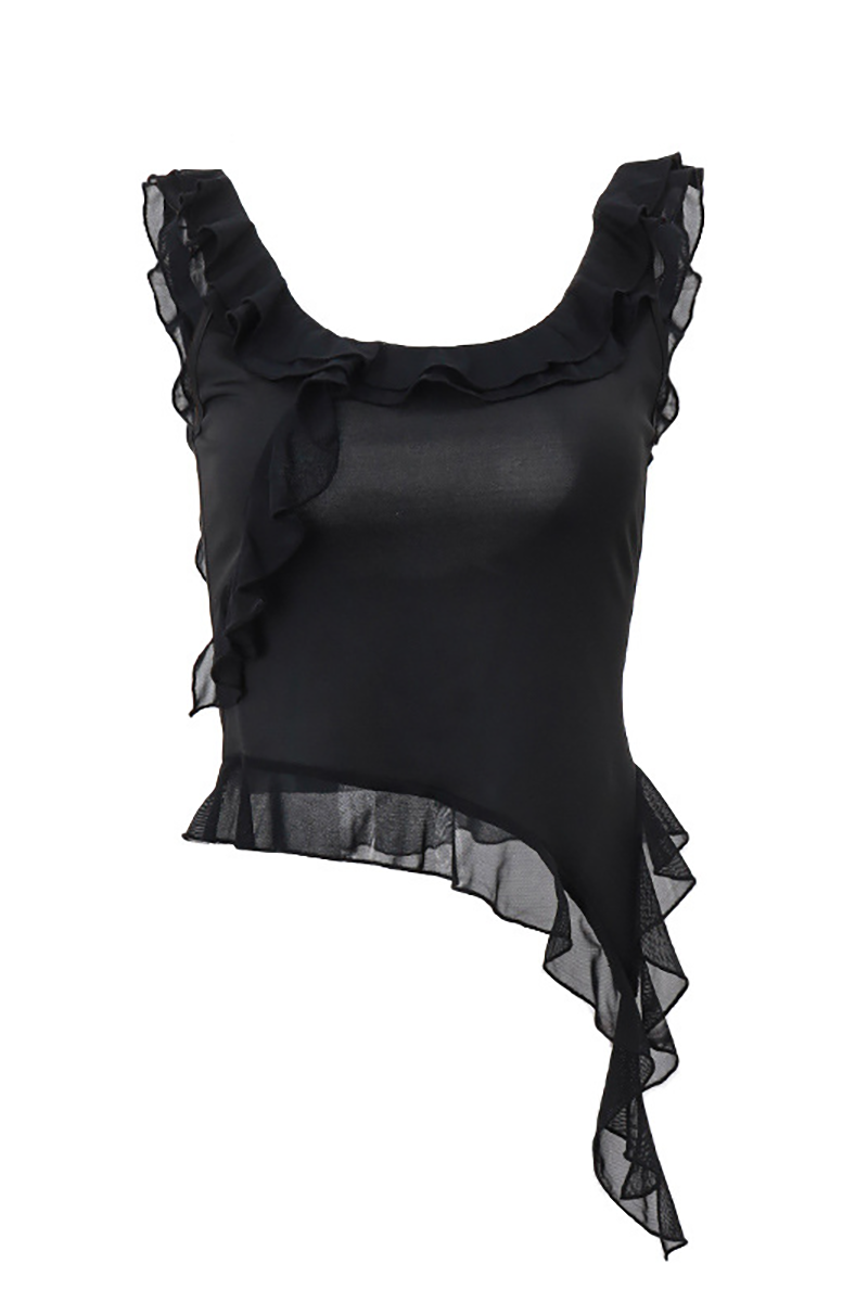 U Neck Ruffled Trim Sleeveless Irregular Crop Top-Pink-Hayhty.All Rights Reserved.
