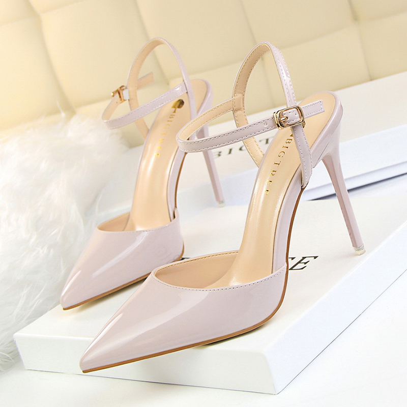 Burnished Plain Pointy Toe Ankle Strap Buckle Stiletto Heels-Hayhty.All Rights Reserved.