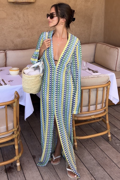 Crochet Abstract Striped Pattern Deep V Neck Flare Sleeve Slit Maxi Dresses-Green-Hayhty.All Rights Reserved.