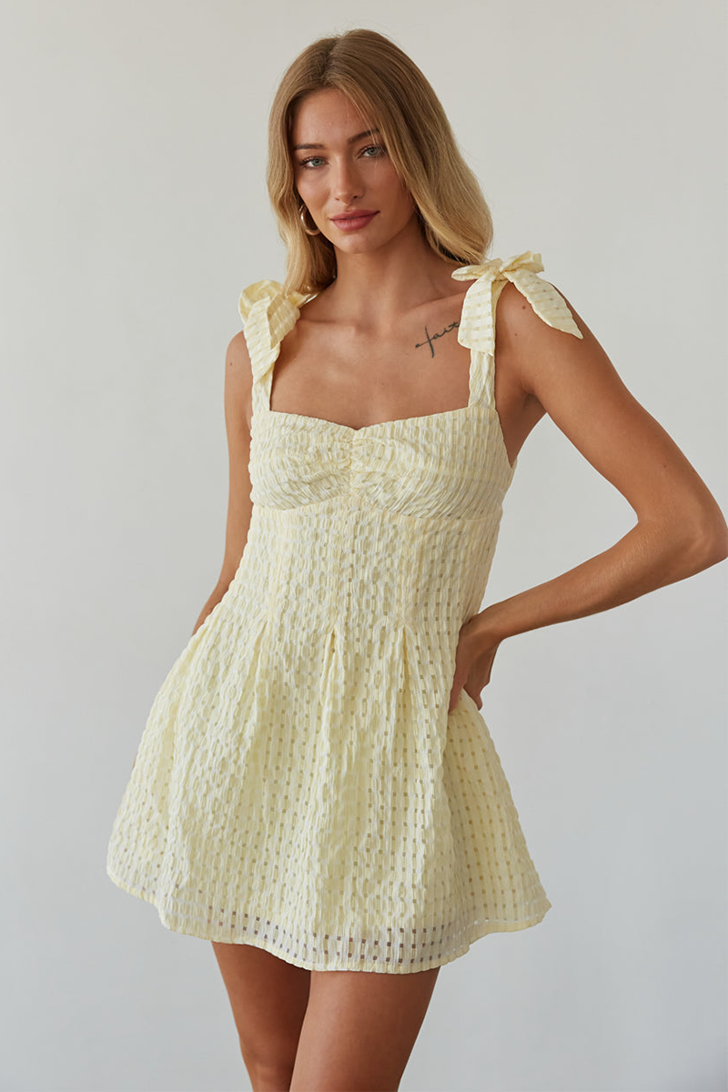 Bow Straps Open Back Plaid Pattern Textured Mini Dresses-Yellow-Hayhty.All Rights Reserved.