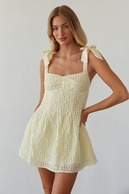 Bow Straps Open Back Plaid Pattern Textured Mini Dresses-Yellow-Hayhty.All Rights Reserved.