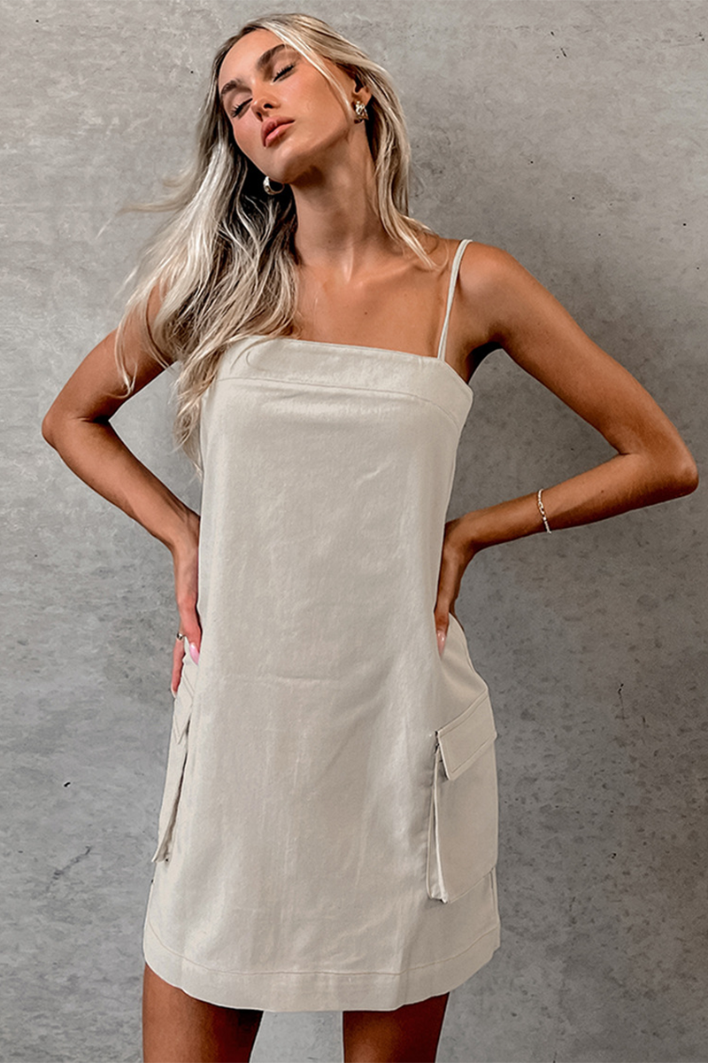 Boat Neckline Pocket Solid Color Casual Slip Mini Dresses-Khaki-Hayhty.All Rights Reserved.