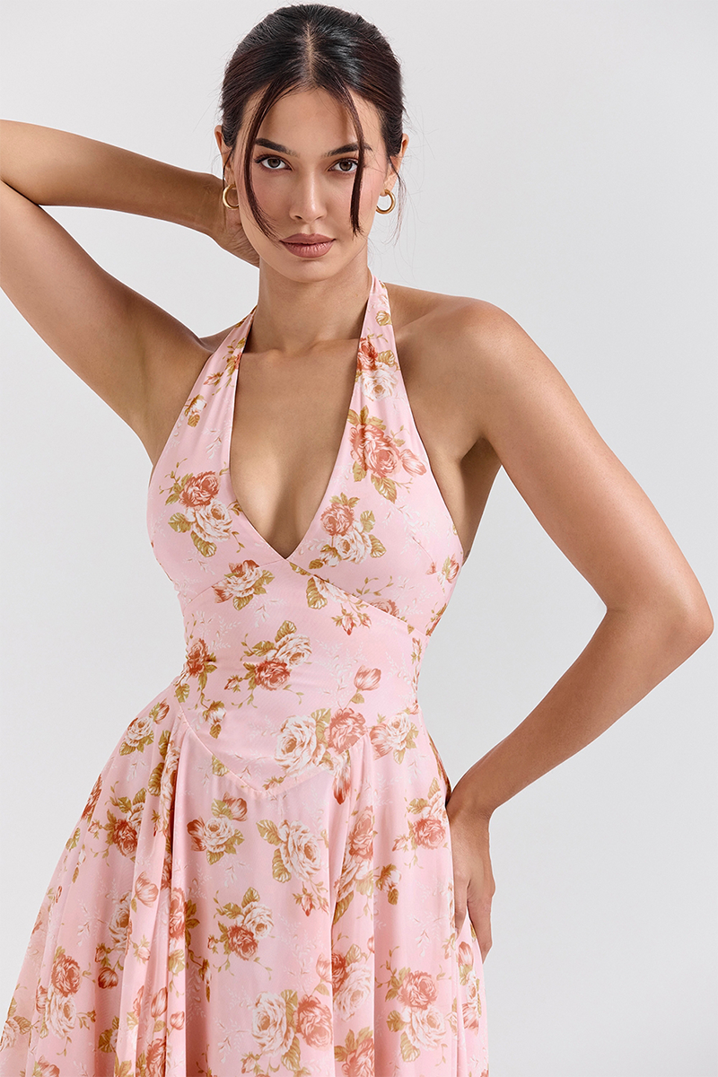 Deep V Neck Floral Print Cinch Waist Halter Midi Dresses-Pink-Hayhty.All Rights Reserved.