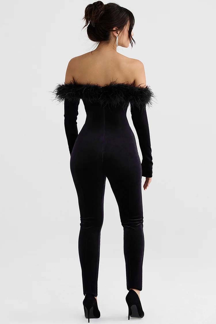 Off Shoulder Feather Trim Long Sleeve Velvet Jumpsuit-Hayhty.All Rights Reserved.