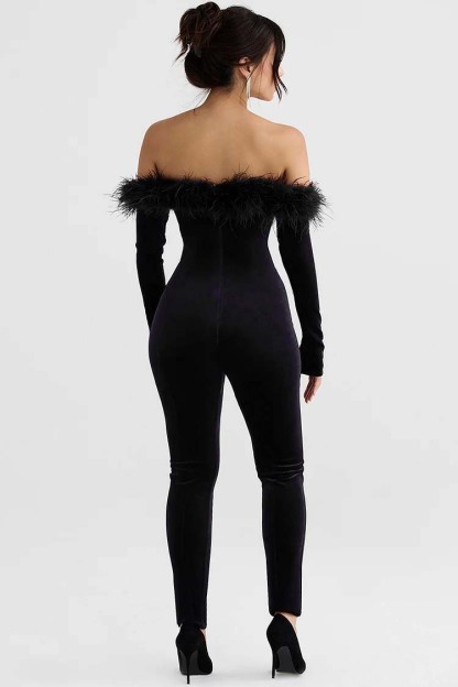 Off Shoulder Feather Trim Long Sleeve Velvet Jumpsuit-Hayhty.All Rights Reserved.