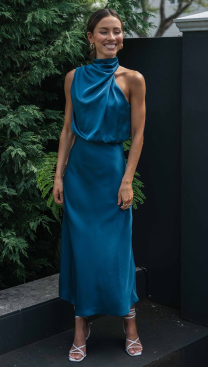 Turtleneck Sleeveless Satin Midi Dresses-Hayhty.All Rights Reserved.