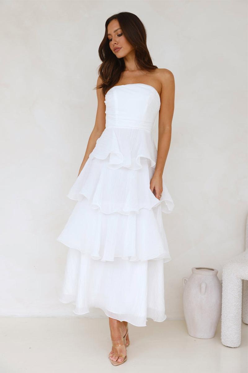 Strapless A-Line Layered Ruffled Hem Maxi Dresses-White-Hayhty.All Rights Reserved.