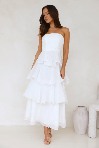 Strapless A-Line Layered Ruffled Hem Maxi Dresses-White-Hayhty.All Rights Reserved.