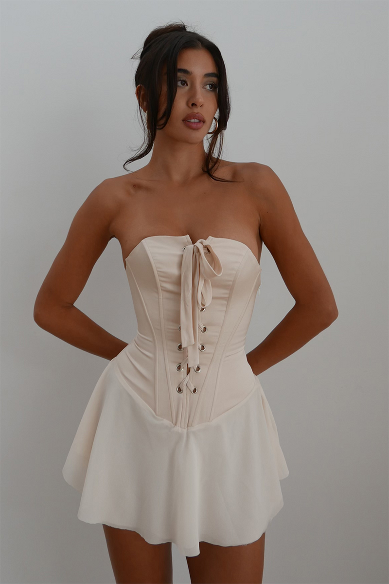Strapless Lace Up Corset Ruffle Mini Dresses-Hayhty.All Rights Reserved.