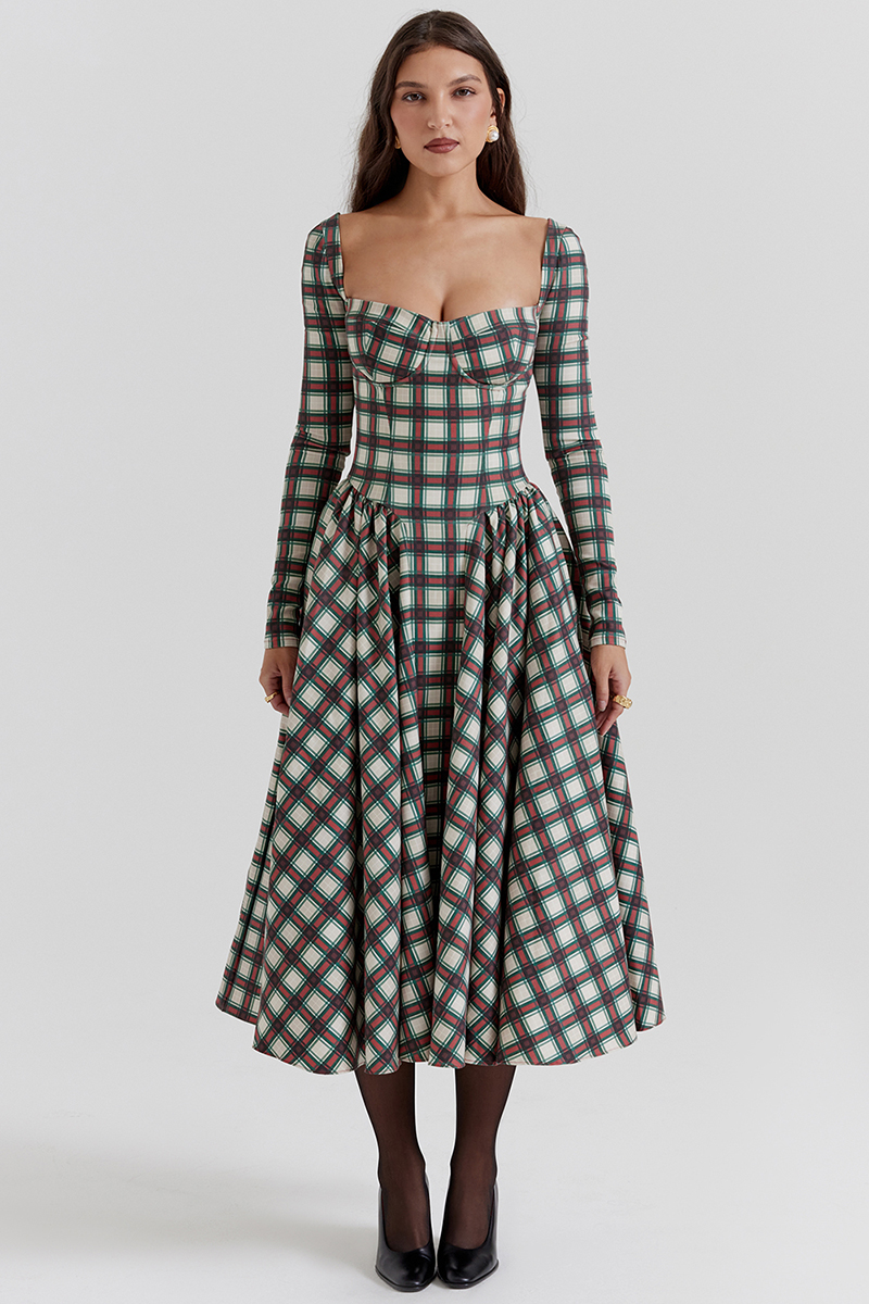 Plaid Pattern Long Sleeve Corset A-Line Pleated Midi Dresses-Red-Hayhty.All Rights Reserved.