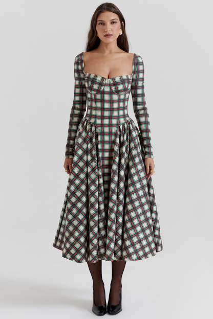Plaid Pattern Long Sleeve Corset A-Line Pleated Midi Dresses-Red-Hayhty.All Rights Reserved.