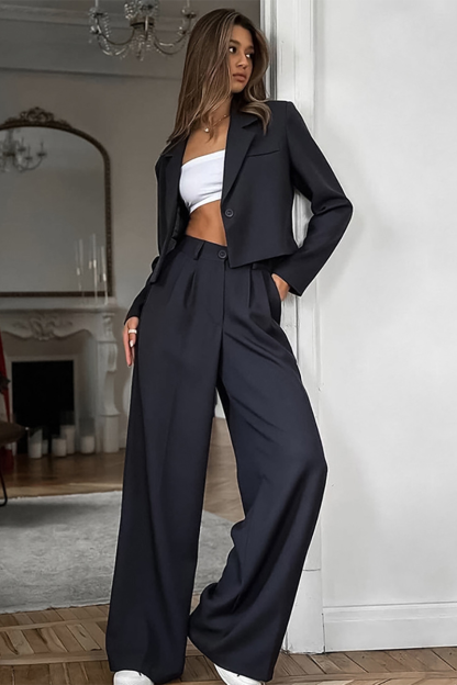 Notch Lapel Crop Blazer Wide Leg Pants Matching Set-DarkGray-Hayhty.All Rights Reserved.