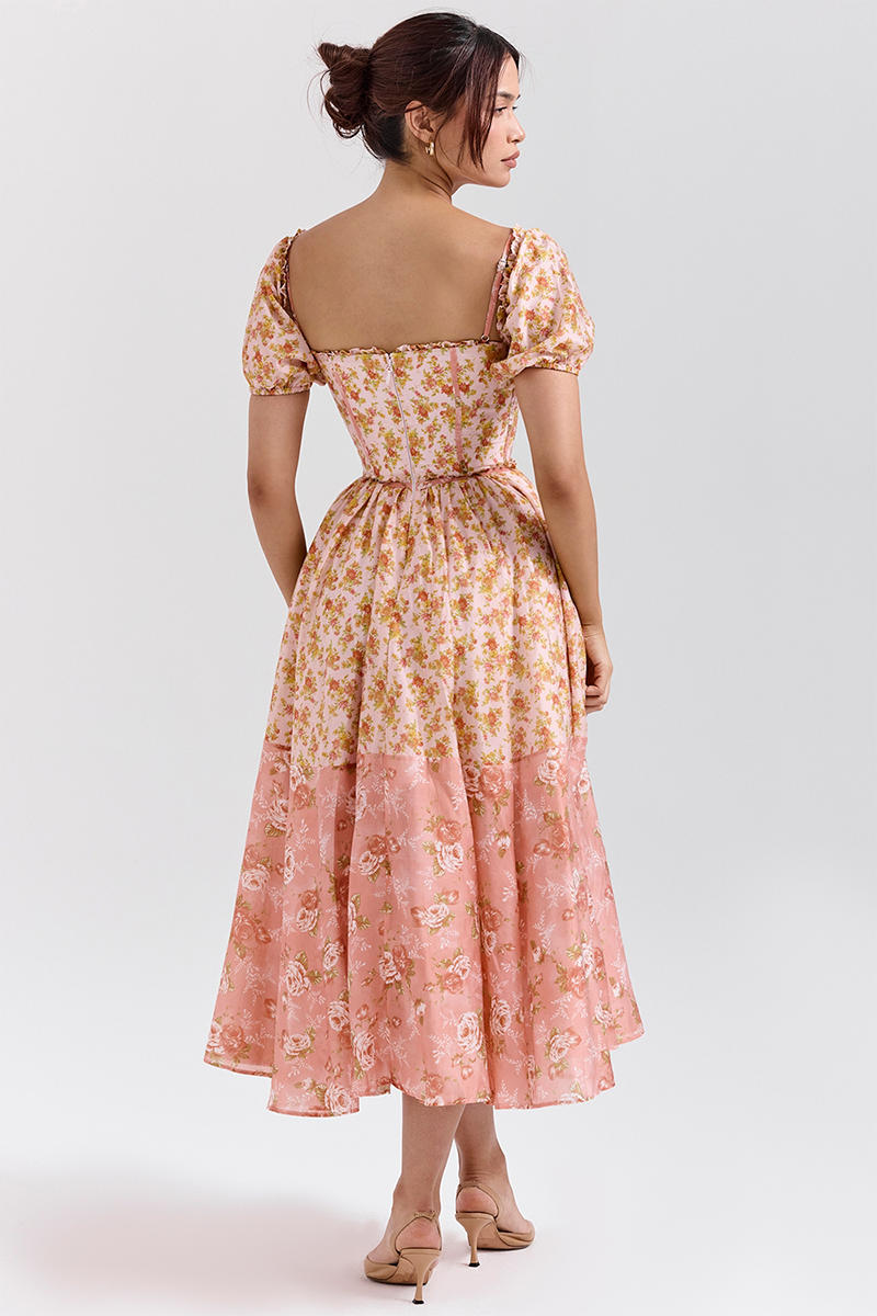 Floral Print Puff Sleeve Cinch Waist Colorblock Midi Dresses-Orange-Hayhty.All Rights Reserved.