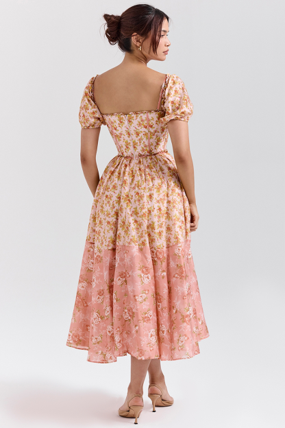 Floral Print Puff Sleeve Cinch Waist Colorblock Midi Dresses-Orange-Hayhty.All Rights Reserved.