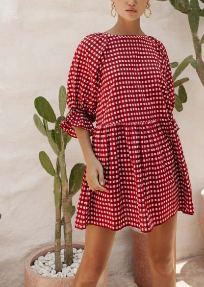 Round Neck Half Sleeve Plaid Mini Dress - Red-Hayhty.All Rights Reserved.