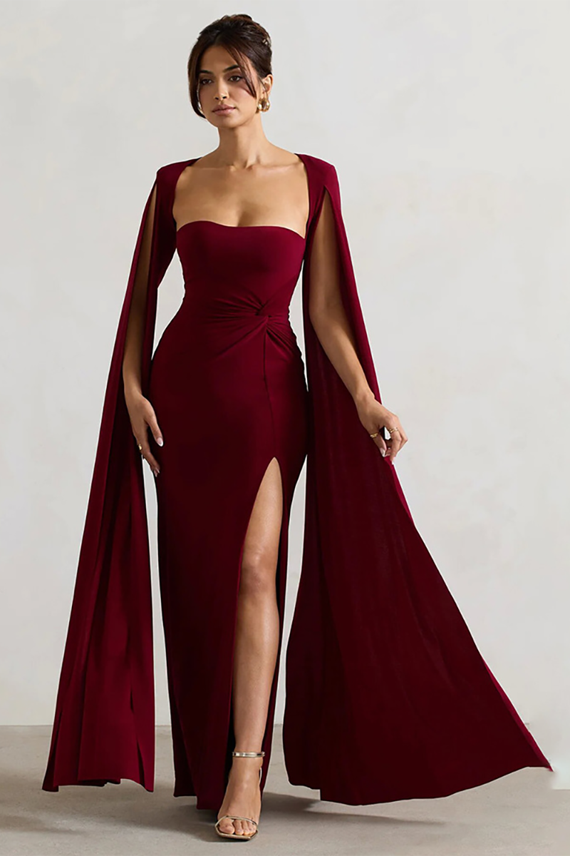 Boat Neck Caped Sleeve Ruched Bodycon Slit Gowns Maxi Dresses-Burgundy-Hayhty.All Rights Reserved.