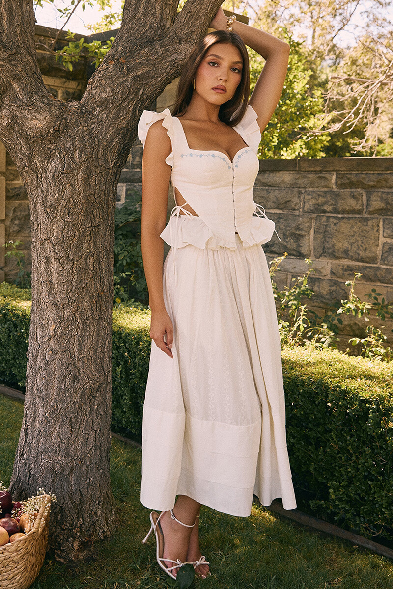 Side Cutout Embroidery Ruffled Corset Midi Skirt 2pcs Set-White-Hayhty.All Rights Reserved.