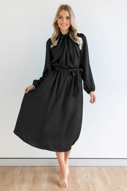 Ruched Knotted Long Sleeve Satin Midi Dresses-Hayhty.All Rights Reserved.
