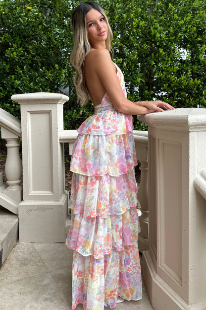 Halter Floral Print Ruffle Tiered Vacation Maxi Dresses-Pink-Hayhty.All Rights Reserved.