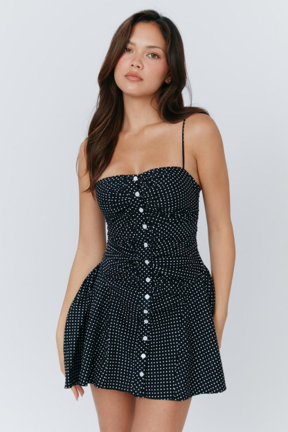 Polka Dot Button Ruffle Accents A-Line Mini Slip Dresses-Black-Hayhty.All Rights Reserved.