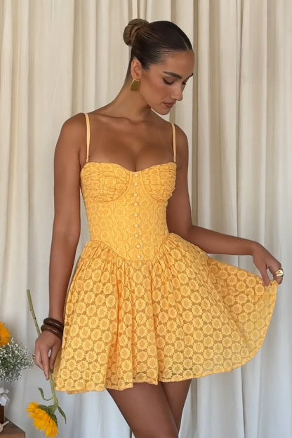 Daisy Pattern Lace Cinch Waist Slip Mini Dresses-Yellow-Hayhty.All Rights Reserved.