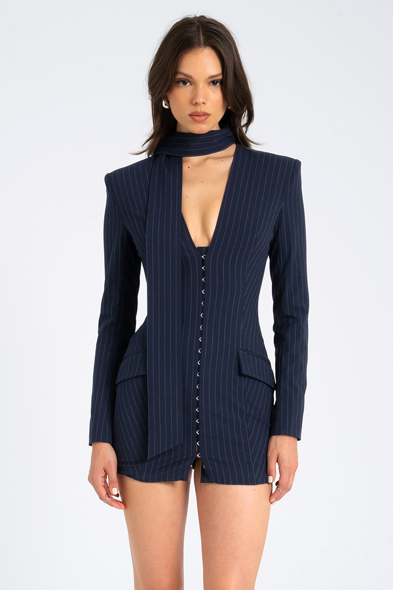Long Sleeve Deep V Pinstripes Blazer Mini Dresses-Navy-Hayhty.All Rights Reserved.